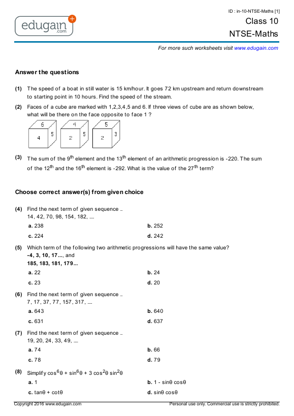 Class 10 NTSE-Maths: Printable Worksheets, Online Practice ...