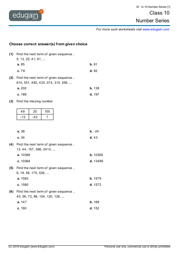 Grade 10 Math Worksheets And Problems Number Series Edugain USA