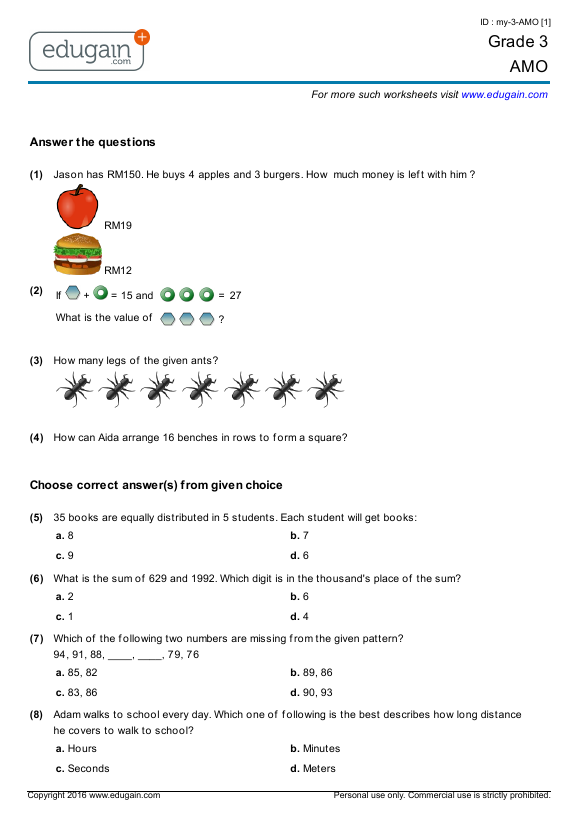 grade 3 amo printable worksheets online practice online