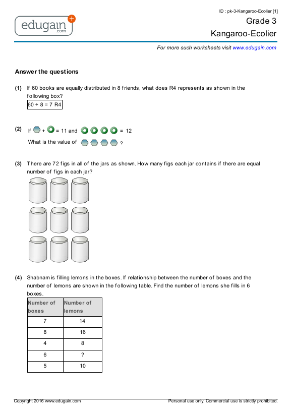 grade 3 kangaroo ecolier printable worksheets online