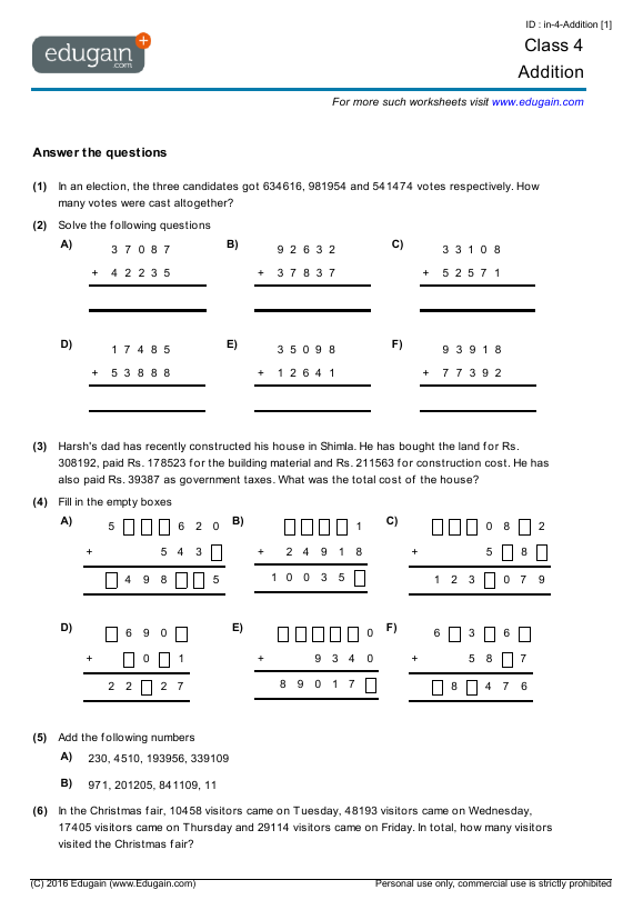 Class 4 Math Worksheets And Problems Addition Edugain India