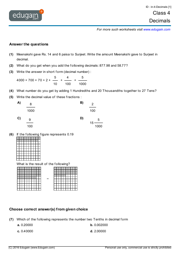 Grade 4 Math Worksheets and Problems: Decimals | Edugain USA