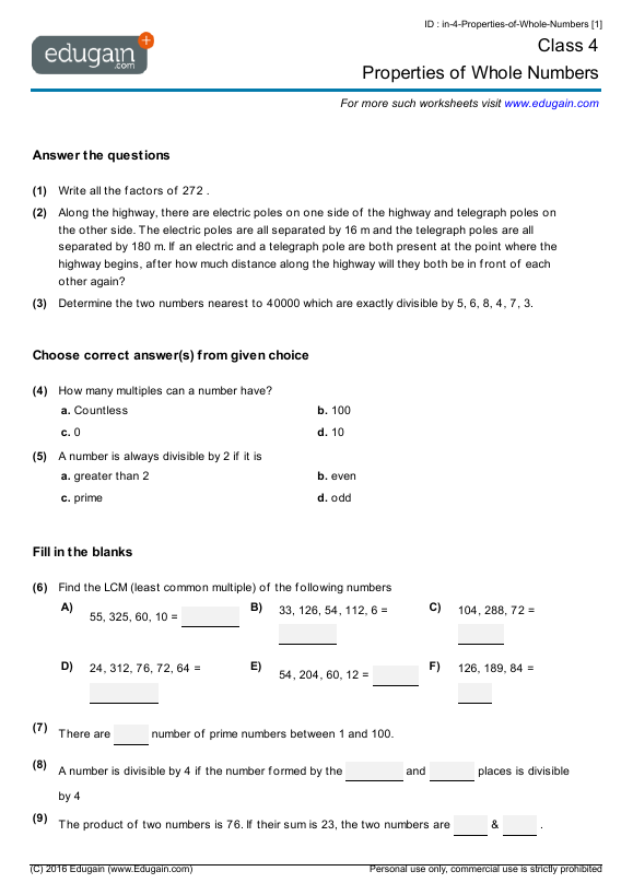 Class 4 Math Worksheets and Problems: Properties of Whole Numbers