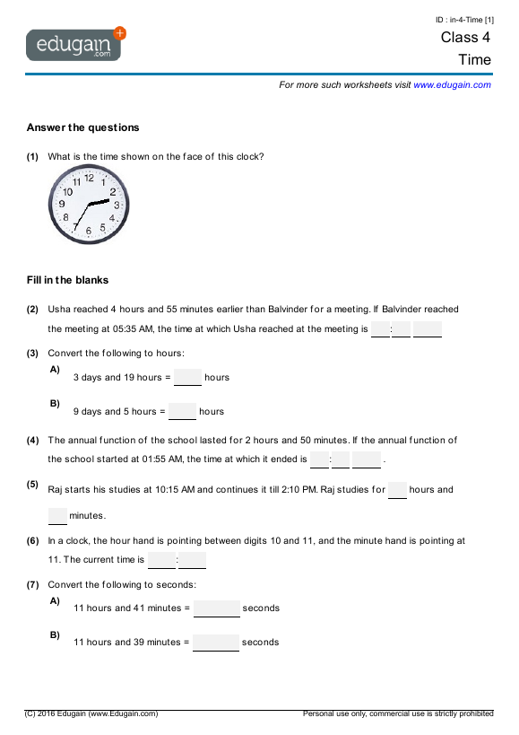 Class 4 Math Worksheets And Problems Time Edugain India