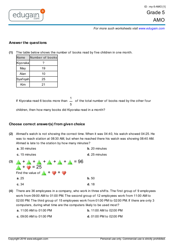 grade 5 amo printable worksheets online practice online tests and