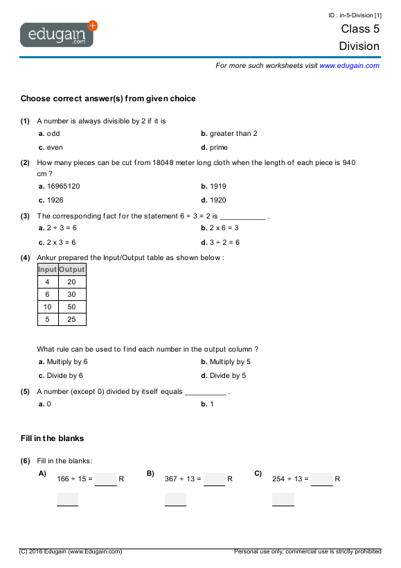 class 5 math worksheets and problems division edugain india