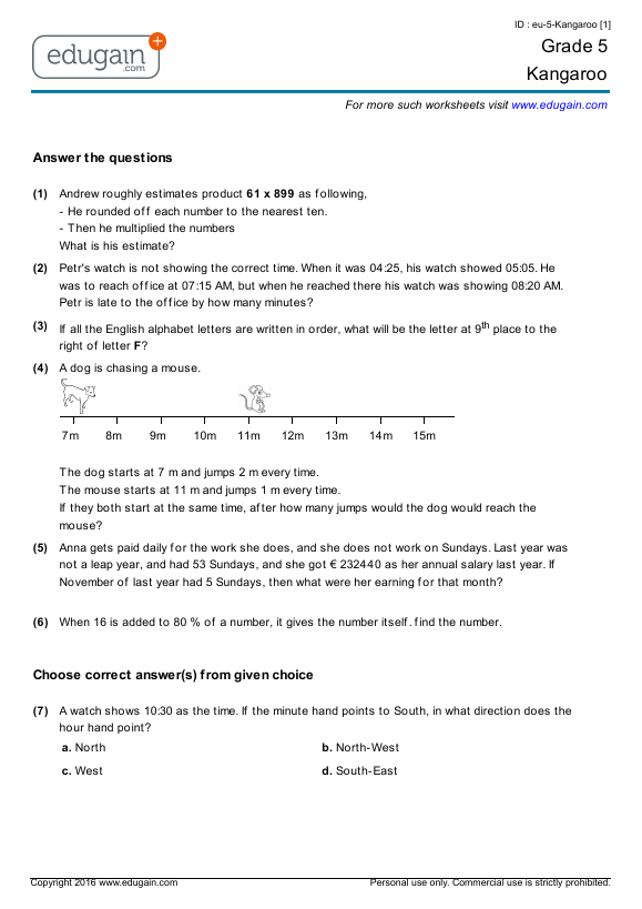 grade 5 kangaroo printable worksheets online practice online tests