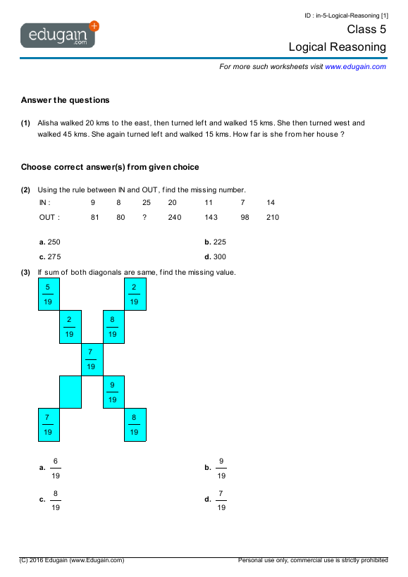 Class 5 Math Worksheets and Problems: Logical Reasoning | Edugain India
