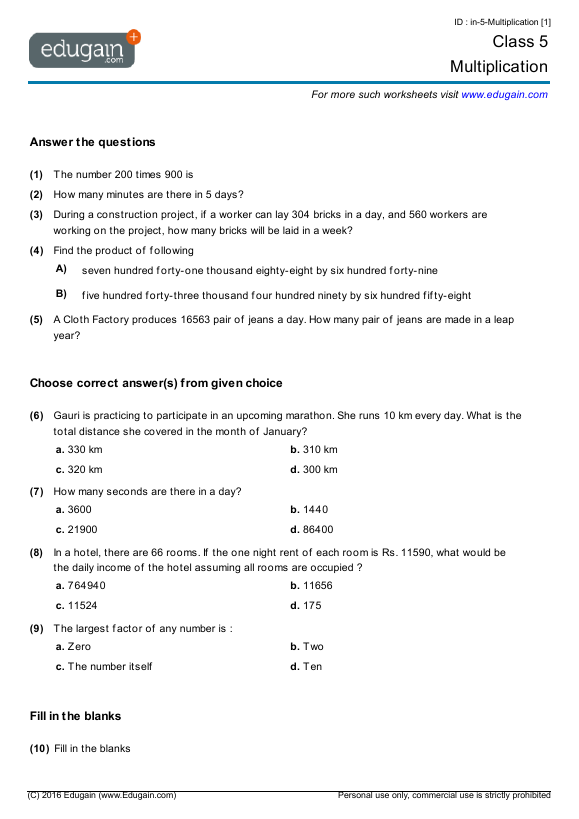 Class 5 Math Worksheets And Problems Multiplication Edugain India