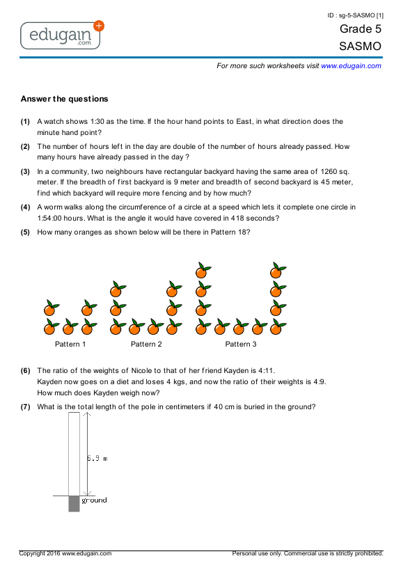 grade 5 sasmo printable worksheets online practice