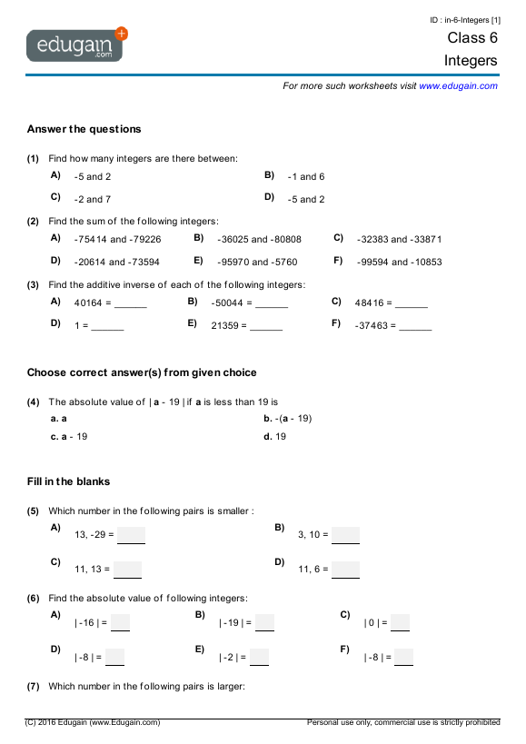 Year 6 Math Worksheets and Problems: Integers | Edugain ...