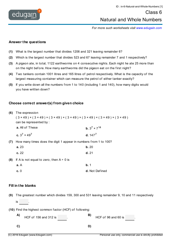 Class 6 Math Worksheets and Problems: Natural and Whole Numbers