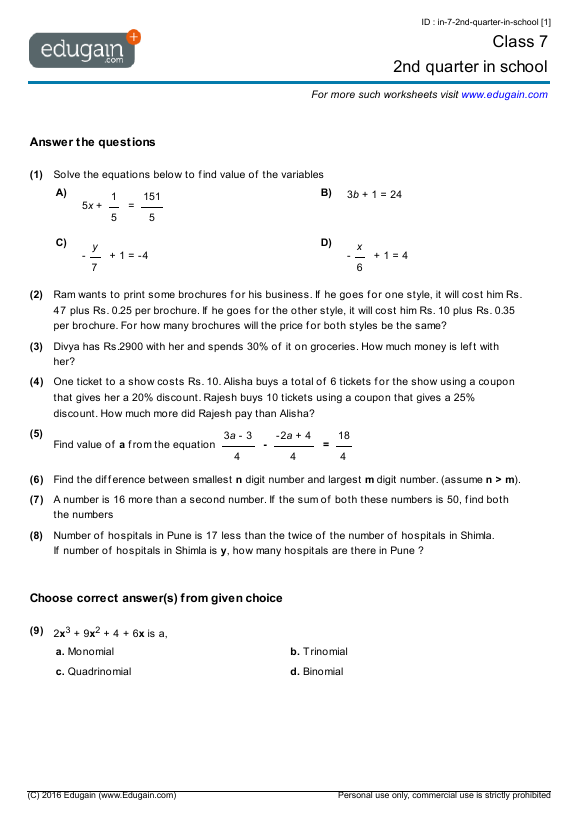 Grade 7 Math Worksheets and Problems: 2nd quarter in school | Edugain USA