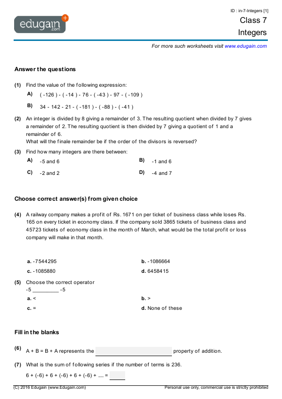 year 7 math worksheets and problems integers edugain