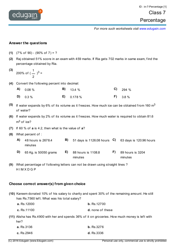 Grade 7 Math Worksheets and Problems: Percentage | Edugain Europe