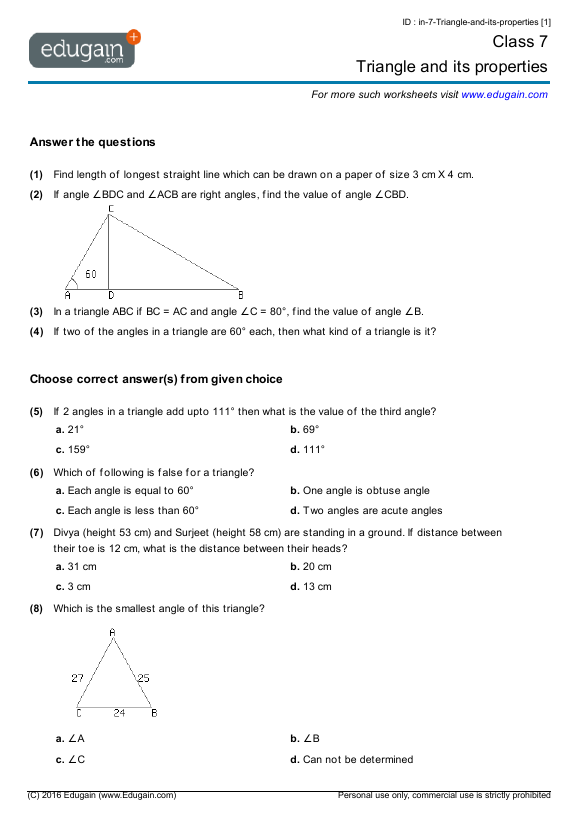 Year 7 Math Worksheets and Problems: Triangle and its properties