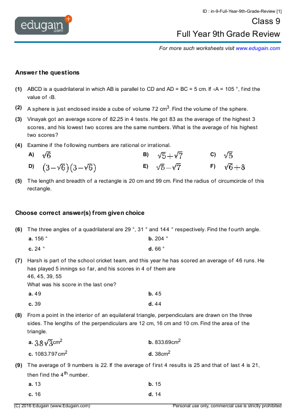 Class 9 Math Worksheets And Problems Full Year 9th Grade Review Edugain India
